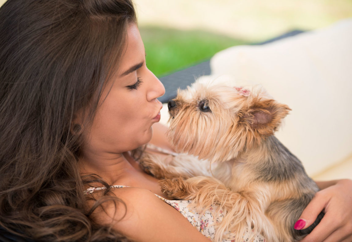 O femeie tânără ținând în brațe și îmbrățișând cu afecțiune un câine mic din rasa Yorkshire Terrier