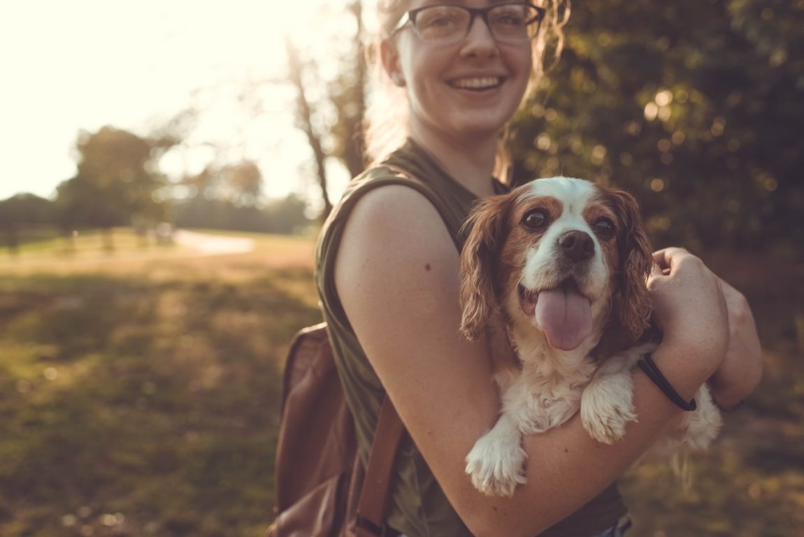 O tânără zâmbitoare ținând în brațe un câine Cavalier King Charles Spaniel într-un parc luminat de soarele la apus.