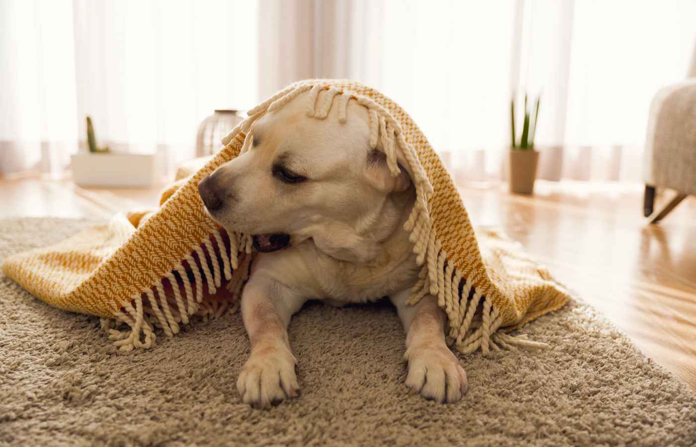 Câine din rasa Labrador stând sub o pătură galbenă cu franjuri pe un covor pufos pentru a se simți în siguranță