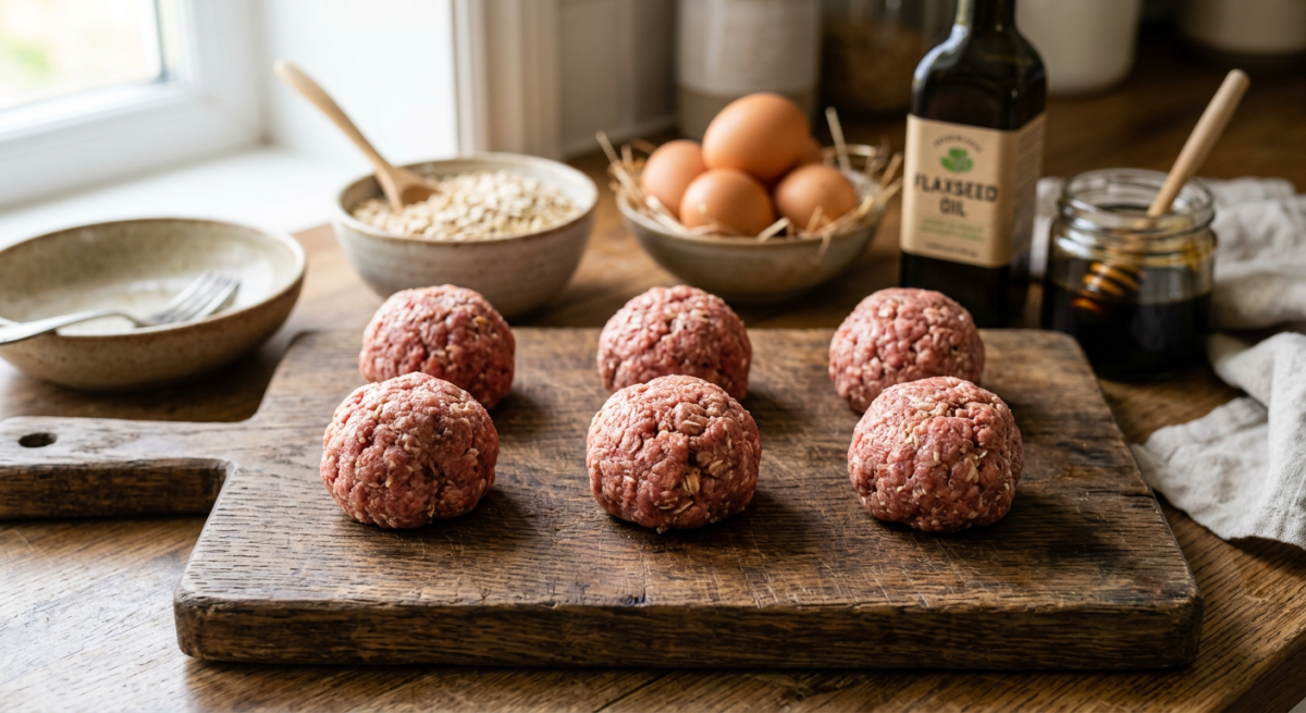 Bile de carne crudă tip Satin Balls pentru câini, așezate pe un blat de lemn lângă ingrediente proaspete