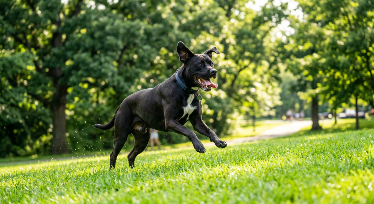 Un câine Boxador adult atletic alergând fericit pe o pajiște verde într-un parc însorit