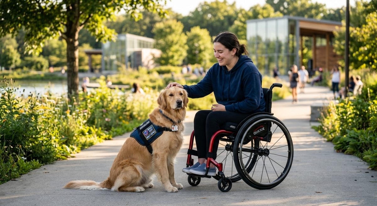 Câine de asistență din rasa Golden Retriever stând lângă o persoană în scaun cu rotile într-un parc