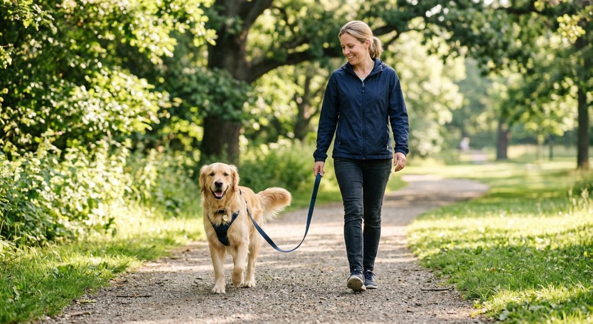 Câine fericit mergând politicos lângă stăpânul său într-un parc, cu lesa relaxată în formă de J