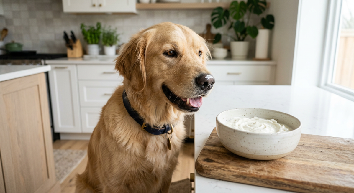 Un câine Golden Retriever pofticios cu o pată de iaurt pe nas privind un bol cu iaurt alb într-o bucătărie