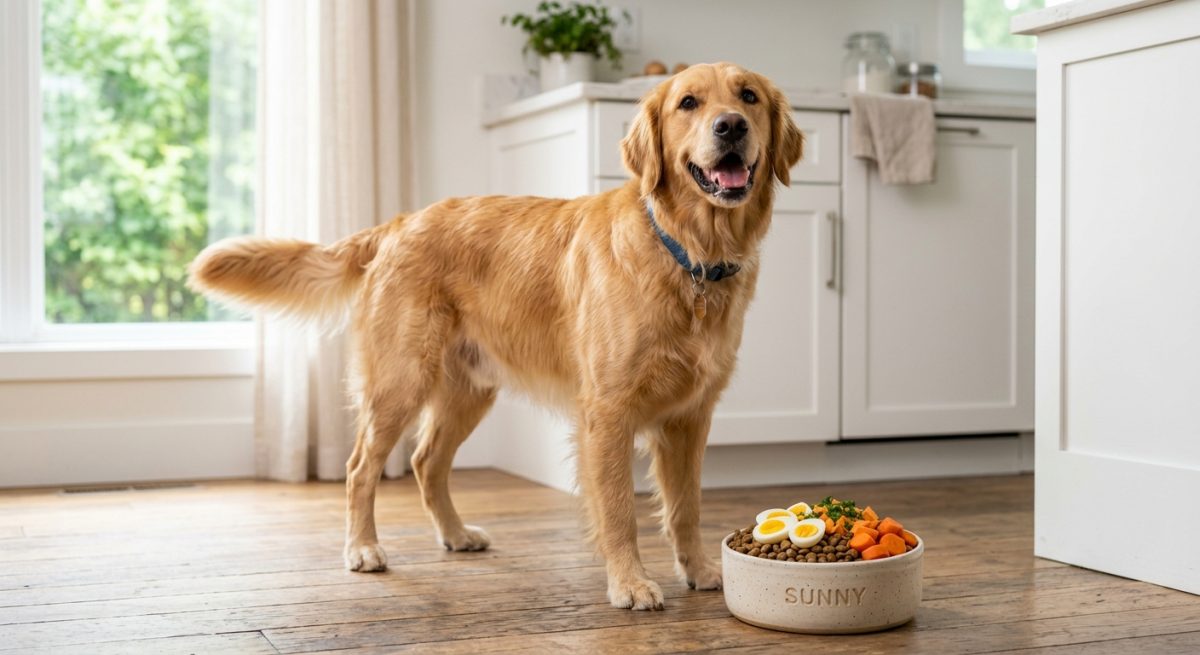 Un câine de talie medie care privește cu interes spre un bol plin cu hrană nutritivă și sănătoasă