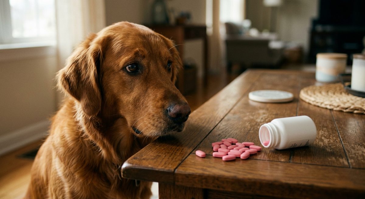 Un câine trist privind spre un flacon de pastile de Ibuprofen vărsate pe o masă