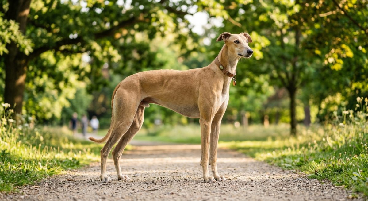 Un câine ogar Greyhound elegant, cu picioare lungi și zvelte, stând pe o pajiște verde