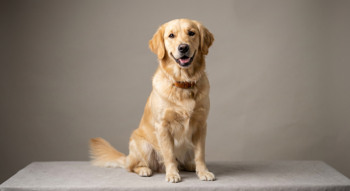 Un câine din rasa Comfort Retriever, asemănător cu un Golden Retriever de talie mică, stând vesel pe iarbă într-o zi însorită.