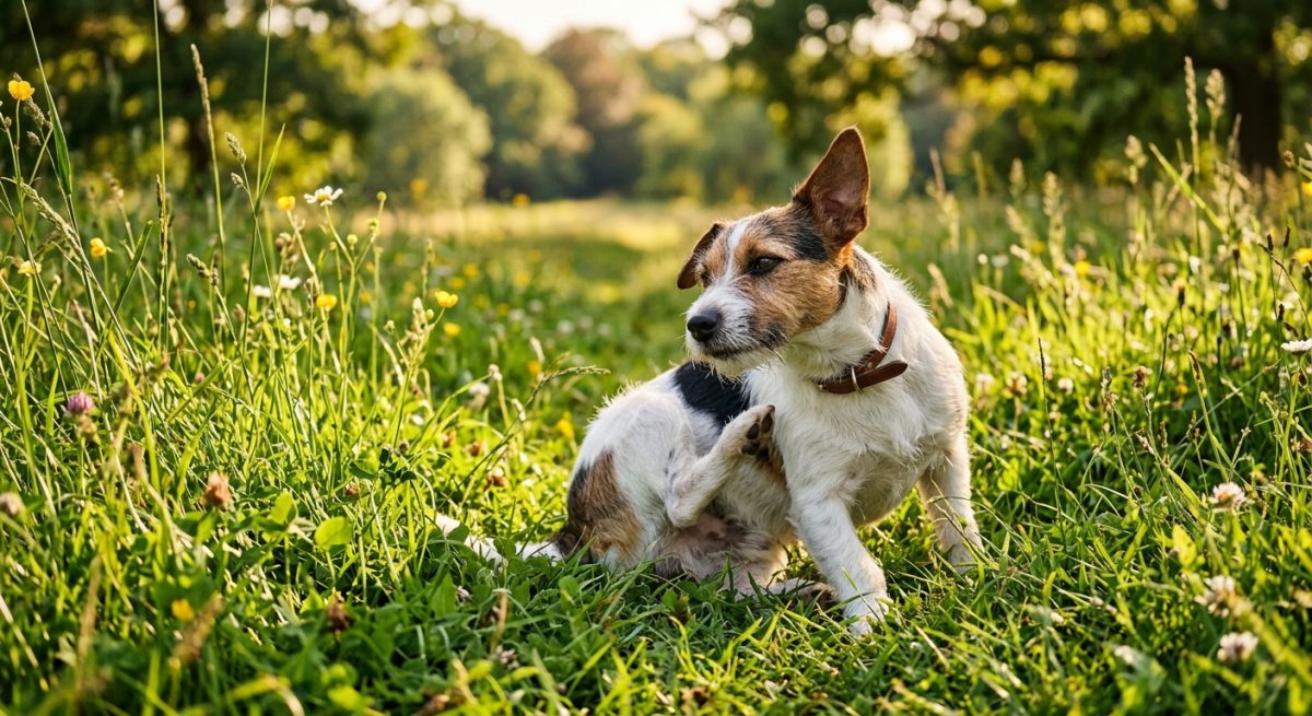 Un câine care se scarpină intens în timp ce stă în iarbă înaltă, sugerând prezența acarienilor de grădină