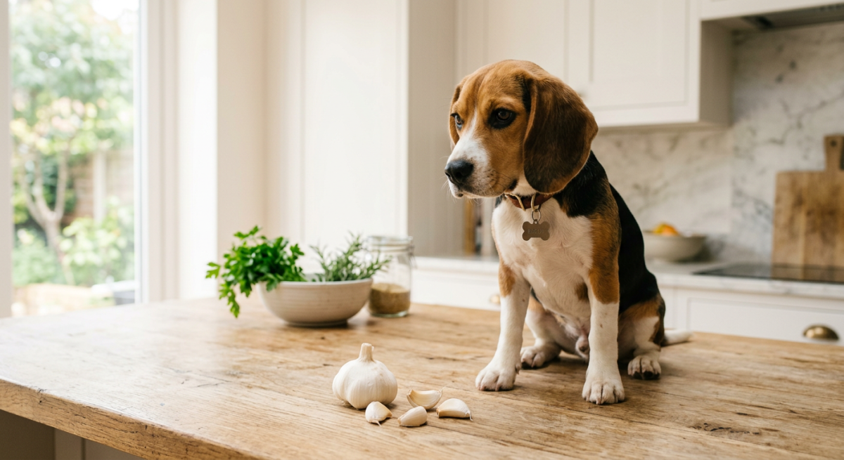 Un câine curios stând lângă o căpățână de usturoi pe o masă de bucătărie, sugerând dilema alimentară.
