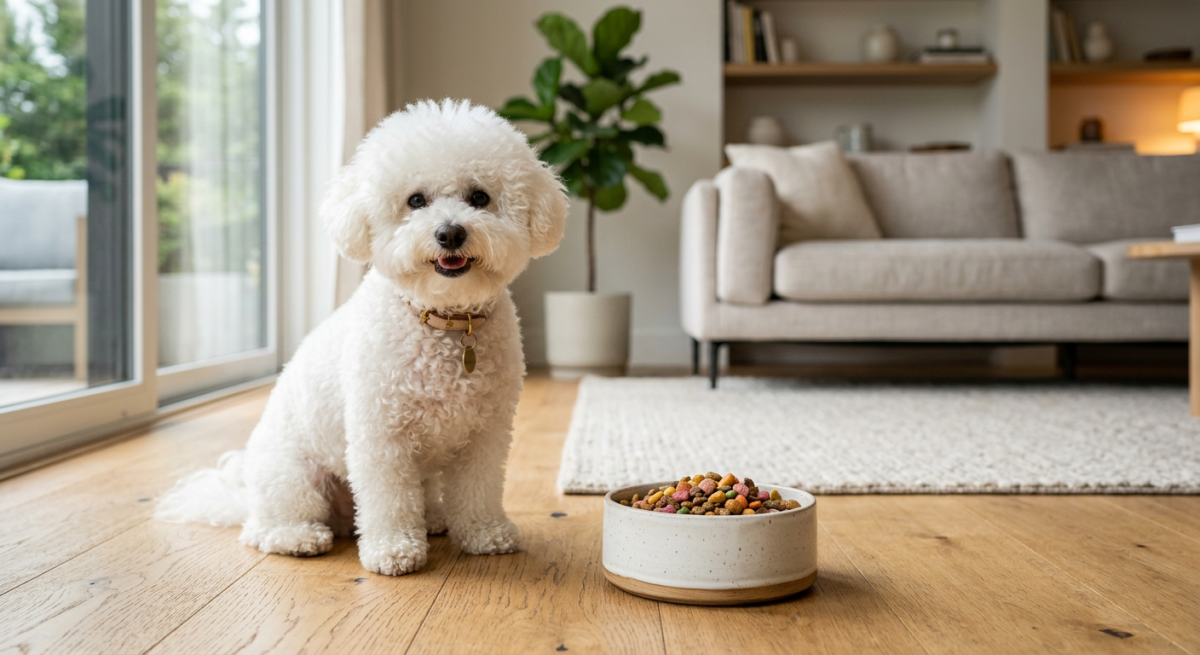 Un câine adult din rasa Bichon Frise, cu blană albă impecabilă, stând lângă un bol cu hrană sănătoasă într-un decor luminos.