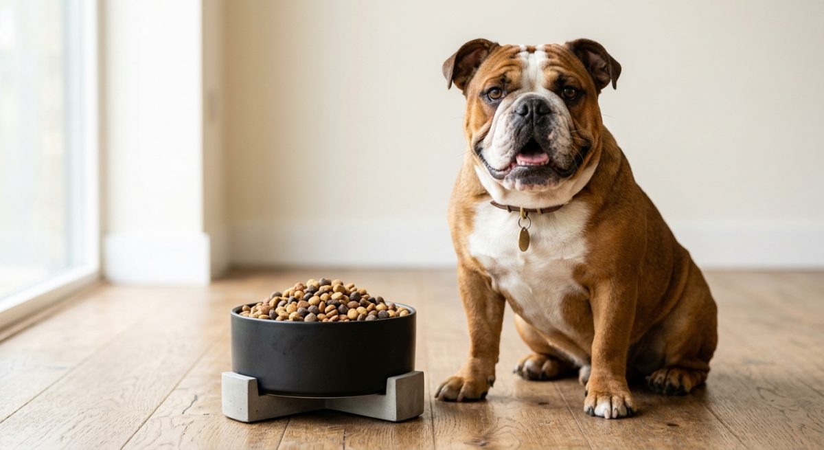 Bulldog englez adult sănătos stând lângă un bol cu hrană echilibrată
