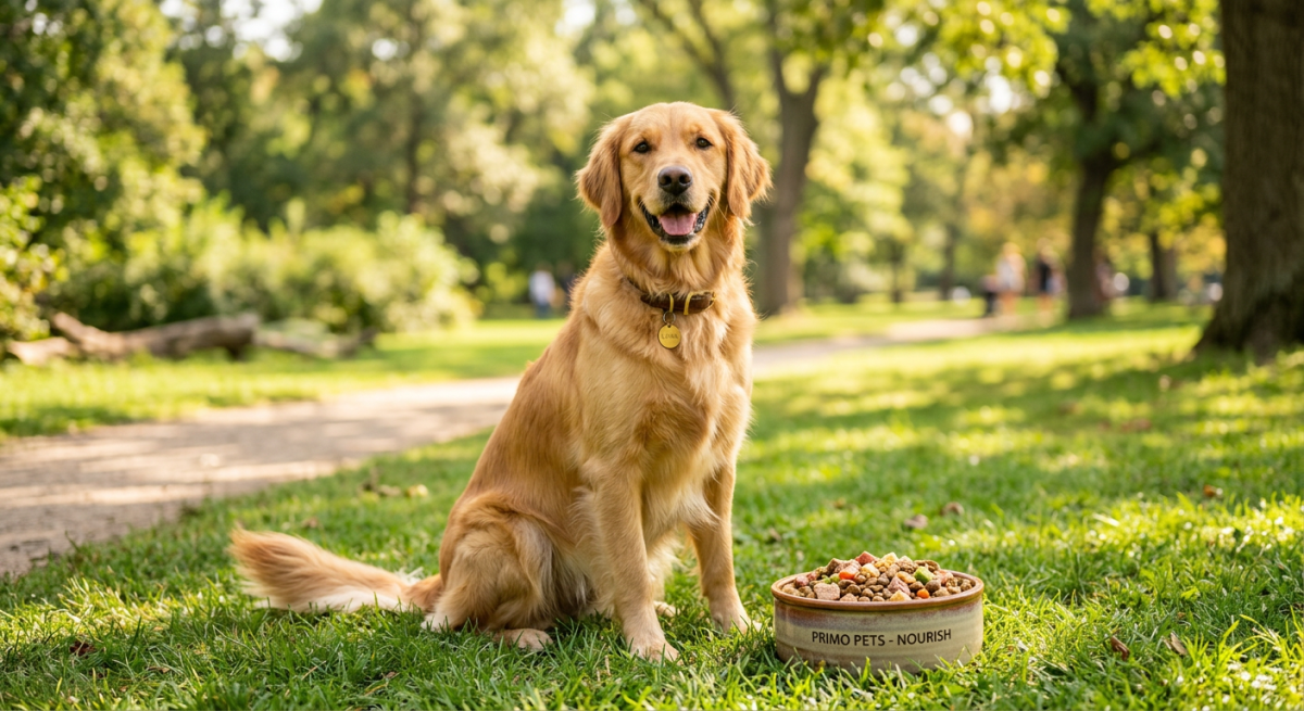 Câine Golden Retriever fericit stând pe iarbă lângă un bol plin cu hrană uscată într-un parc însorit