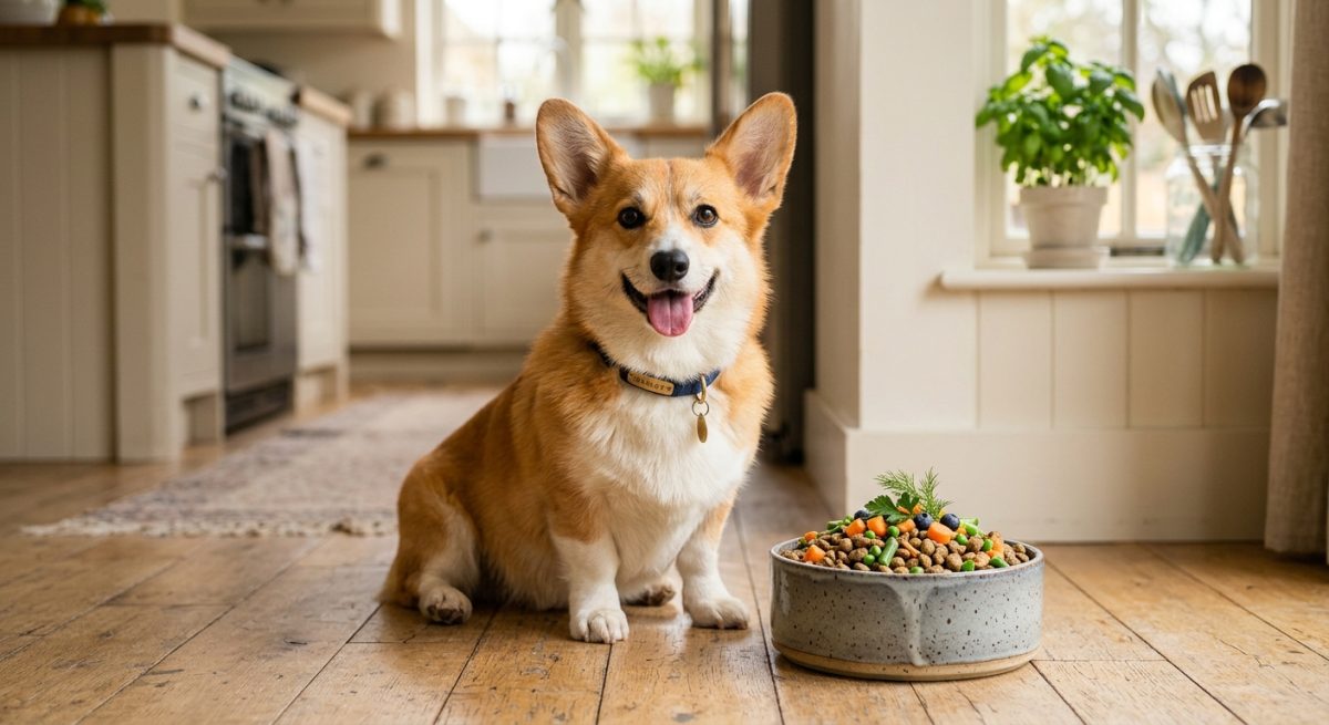 Câine Corgi fericit stând lângă un bol cu hrană sănătoasă într-o bucătărie luminoasă