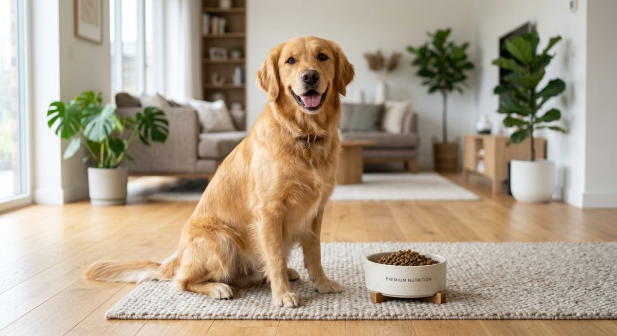 Un câine Golden Retriever adult, sănătos, cu blană strălucitoare, stând lângă un bol cu hrană într-o casă luminoasă.