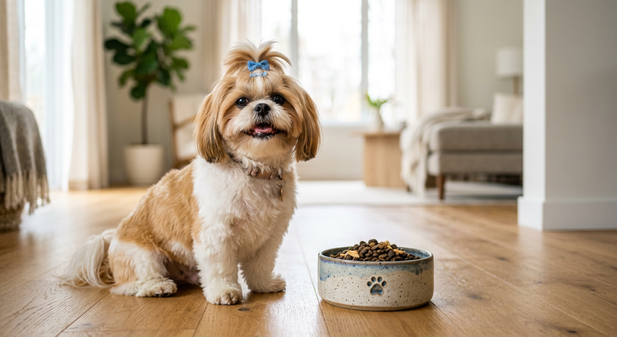 Un câine Shih Tzu sănătos și vesel stând lângă un bol cu bobițe de hrană premium într-o casă luminoasă