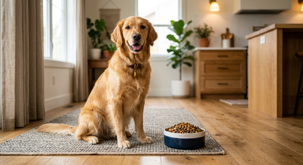 Un câine Golden Retriever fericit stând lângă un bol cu hrană uscată într-o bucătărie modernă și luminoasă
