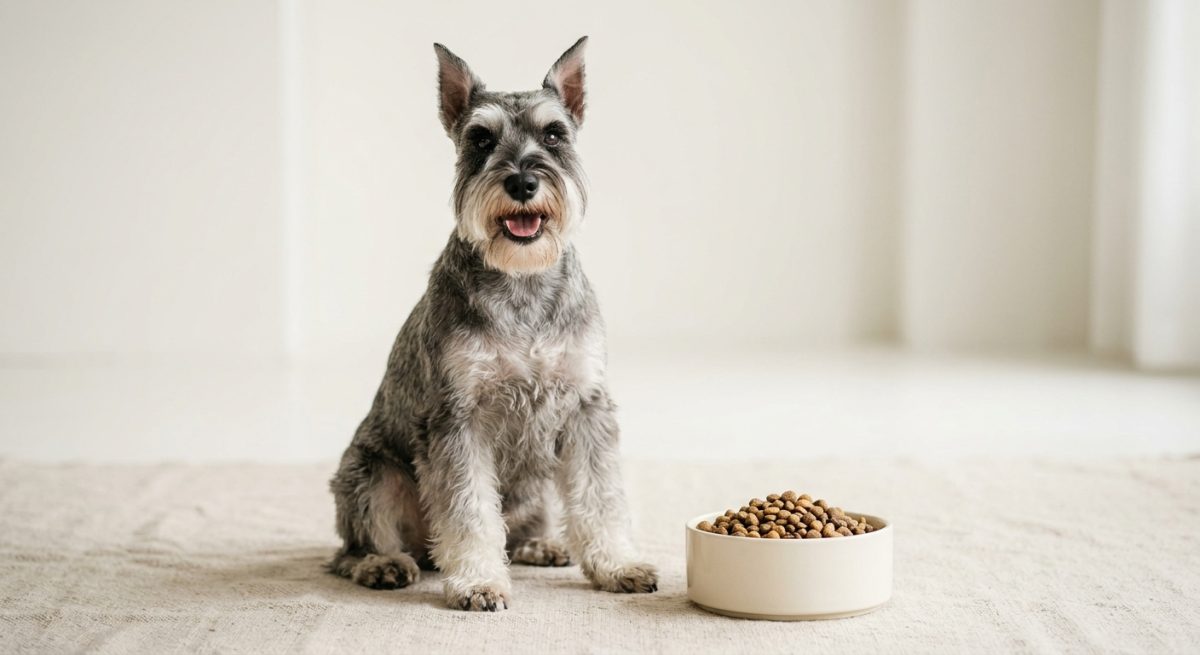 Un Schnauzer Standard sănătos și bine îngrijit stând lângă un bol cu hrană uscată premium într-un cadru luminos