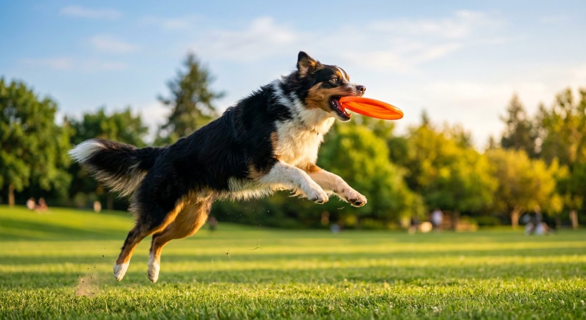 Ciobănesc Australian energic sărind să prindă un frisbee colorat pe o pajiște verde