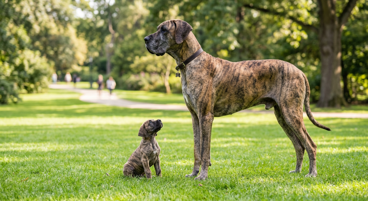 Un pui de Dog German stând lângă un adult din aceeași rasă pentru a evidenția diferența masivă de talie