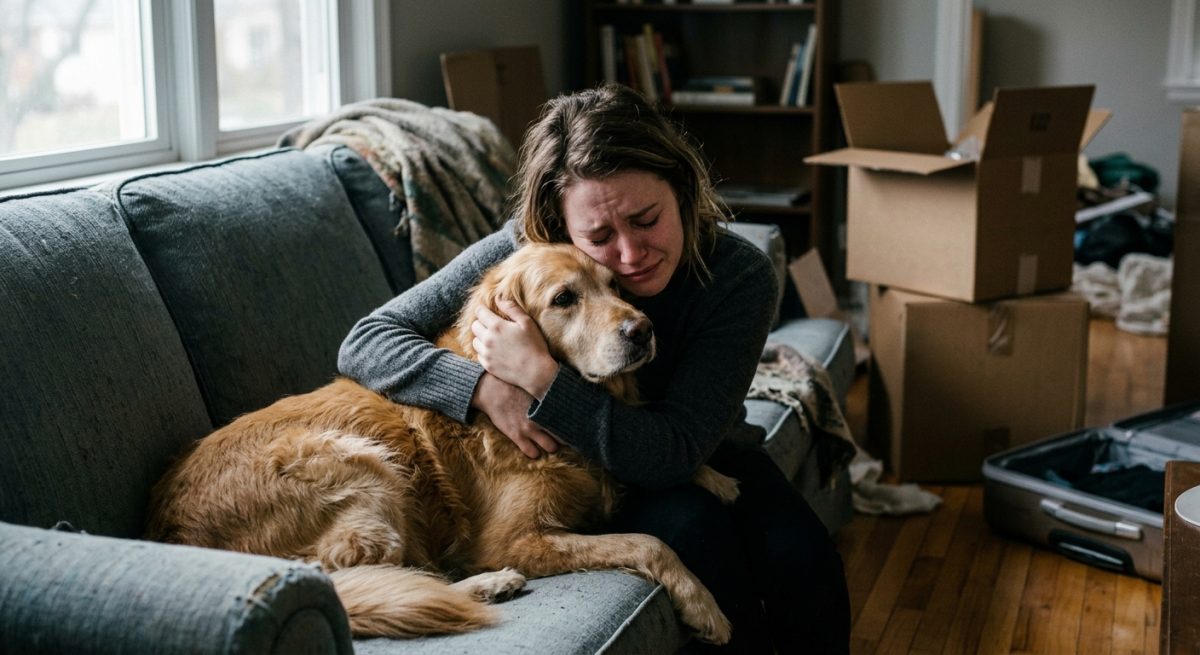 O femeie îngrijorată stând pe canapea și îmbrățișând un câine Golden Retriever în timp ce se uită la niște acte