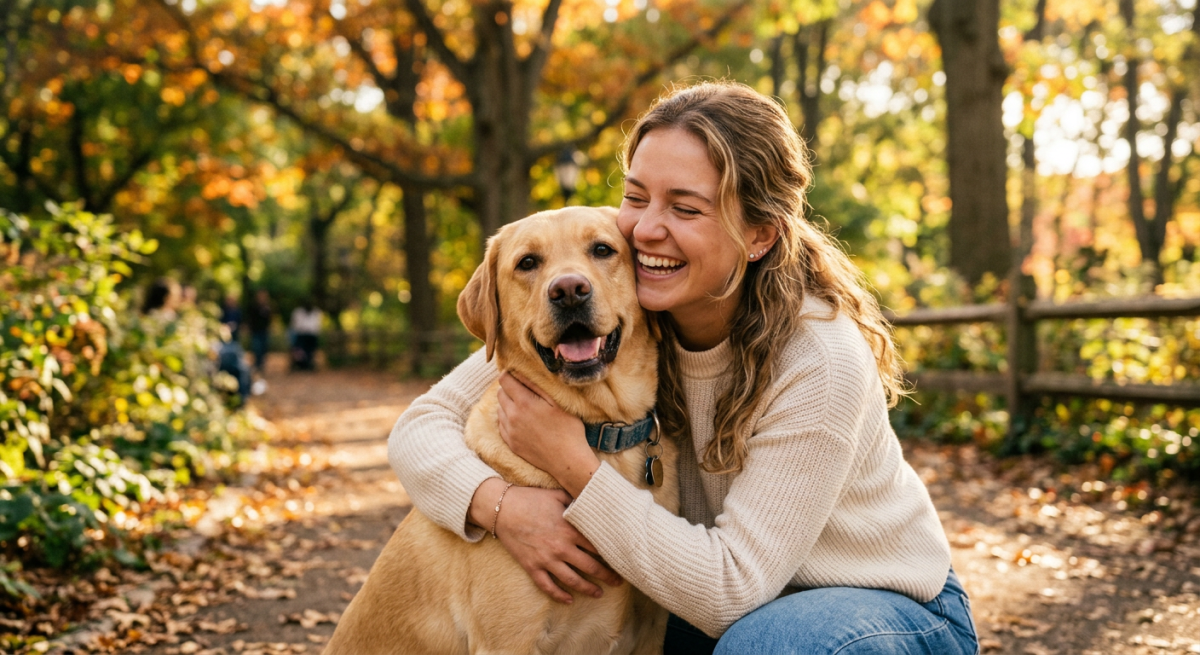 Femeie tânără zâmbind în timp ce îmbrățișează cu drag un câine Labrador Retriever auriu într-un parc de toamnă