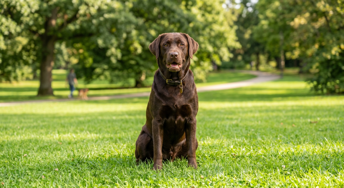 Un câine Labrador Retriever ciocolatiu stând vesel pe iarbă într-un parc