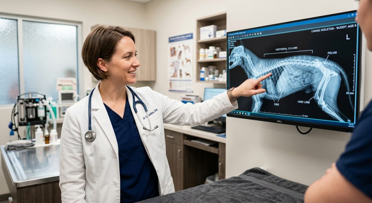 Medic veterinar examinând o radiografie digitală a unui câine pe un monitor modern