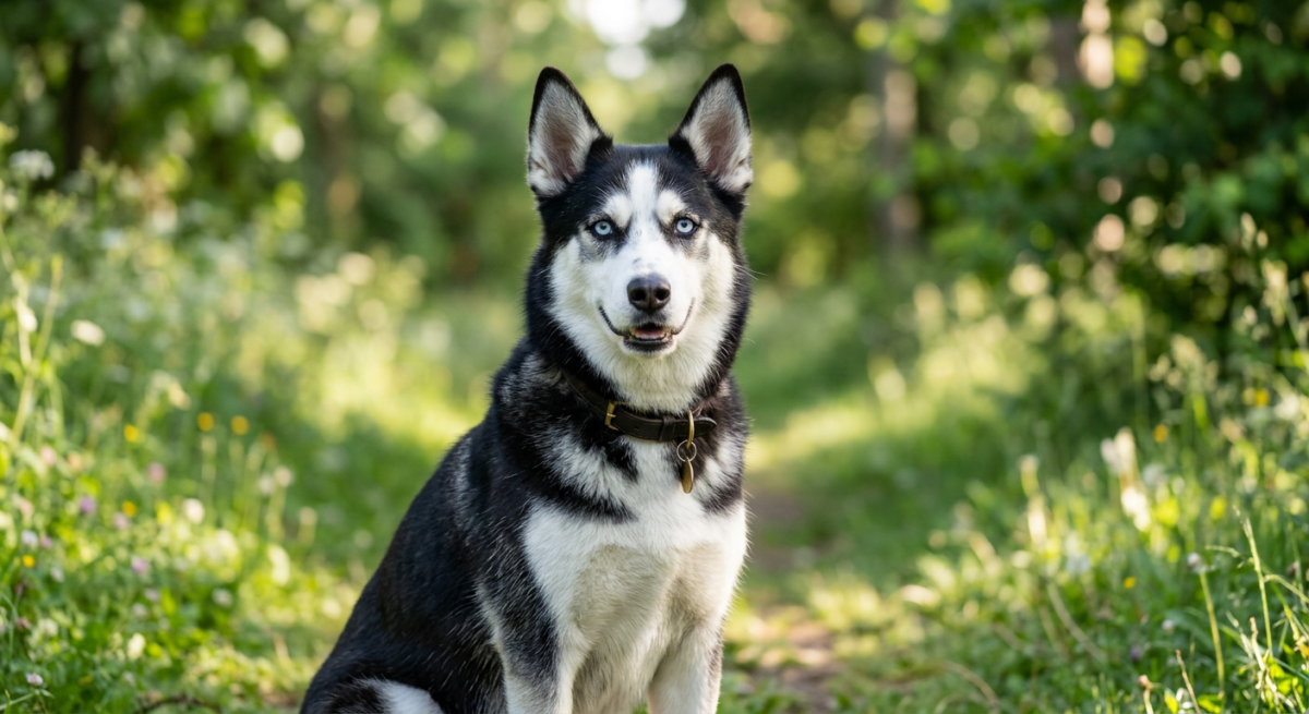 Metis Husky Labrador adult cu blană albă și gri, mască facială simetrică și privire prietenoasă