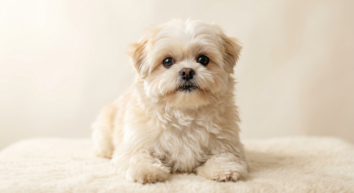 Un câine Shiranian adorabil, metis între Shih Tzu și Pomeranian, stând vesel pe o canapea