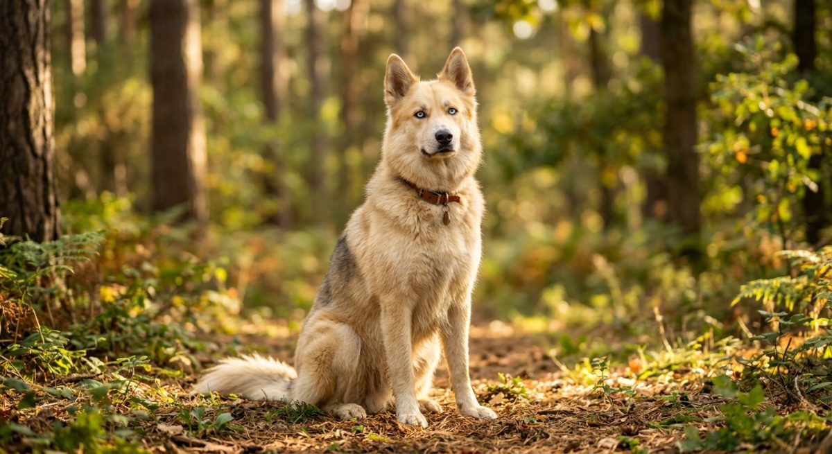 Un câine Goberian superb, mix între Golden Retriever și Husky Siberian, cu blană aurie și ochi albaștri, stând în natură.