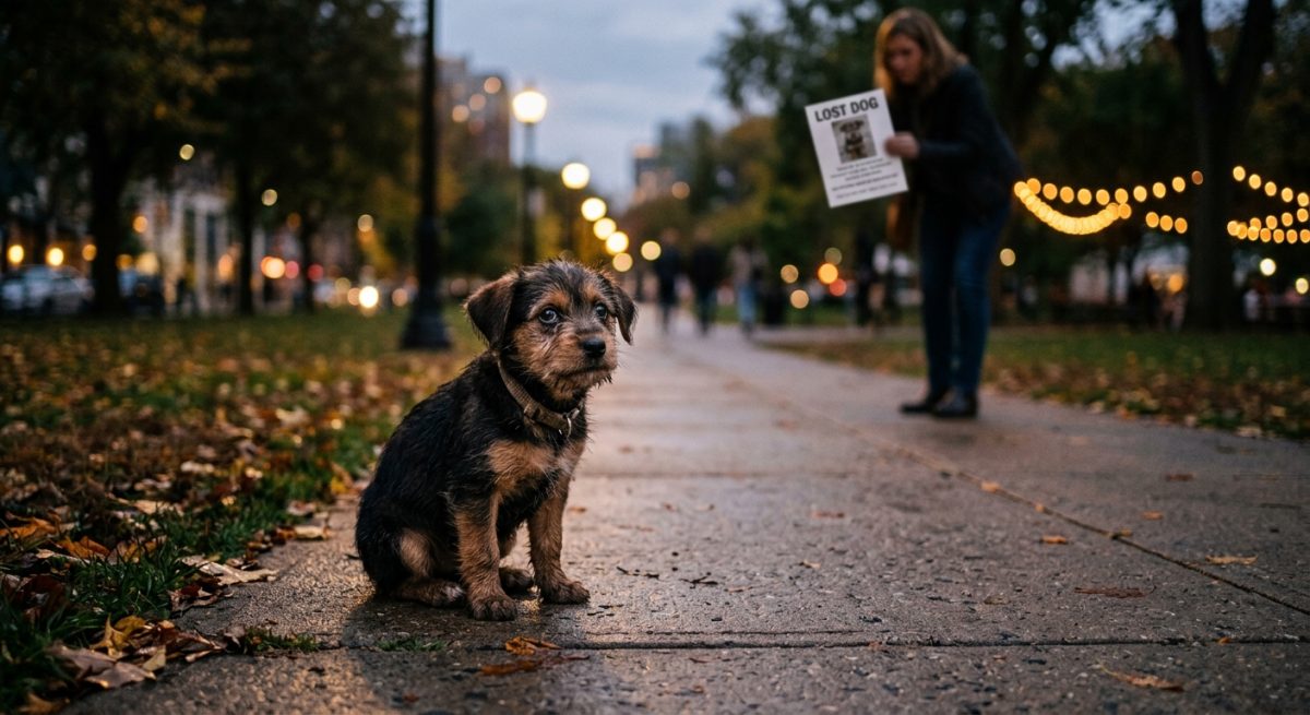 Un cățeluș cu privire pierdută stând singur pe un trotuar în amurg, sugerând vulnerabilitatea unui animal rătăcit.
