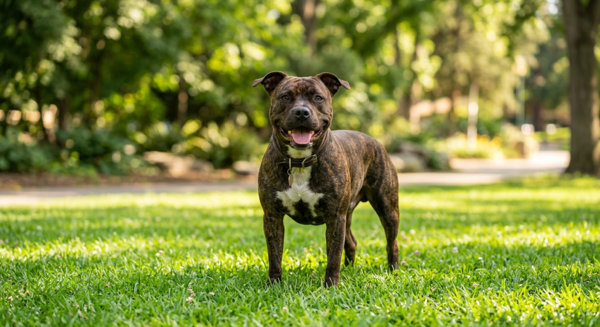 Un câine din rasa Pocket Pitbull stând mândru pe iarbă într-o grădină însorită