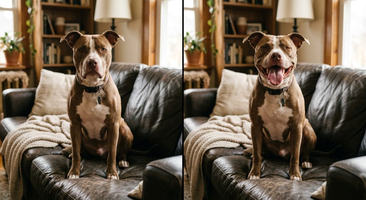 Două fotografii alăturate cu un câine pitbull, prima având o expresie neutră și a doua un zâmbet larg după ce a fost lăudat