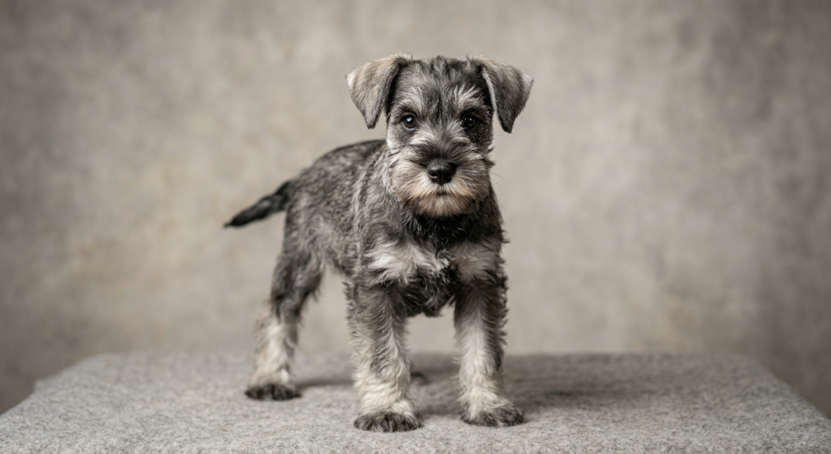 Pui de Schnauzer pitic sare și piper privind curios spre cameră