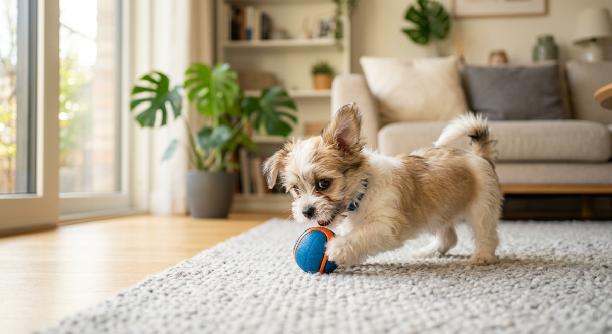 Un pui mic de metis Shih Tzu-Chihuahua negru cu piept alb stând pe o pătură în carouri