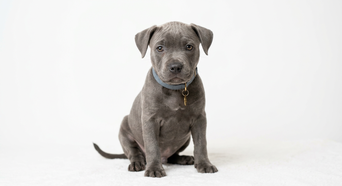 Un câine Pitbull adult de culoare gri-albăstruie stând așezat lângă un gard de lemn.