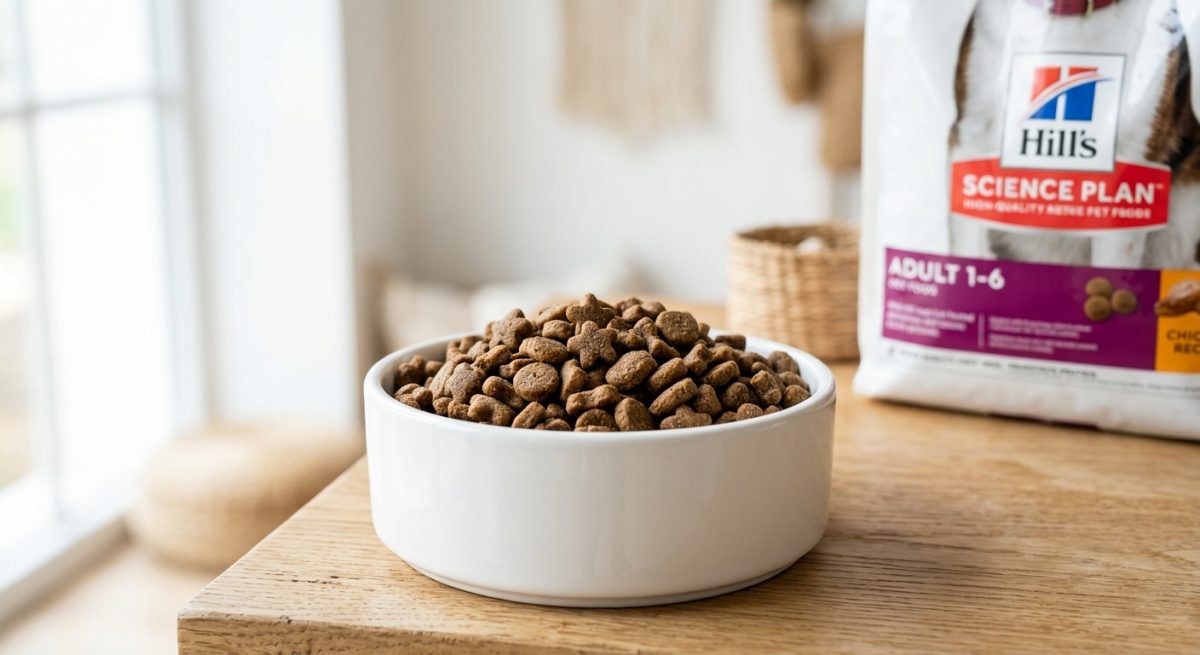 Bol alb cu bobițe de hrană uscată premium pentru animale de companie pe un fundal minimalist