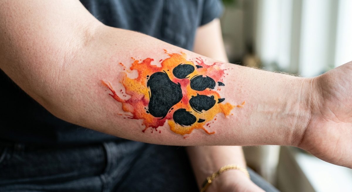 Tatuaj colorat stil acuarelă cu amprenta unei lăbuțe de câine și pete de culori vibrante