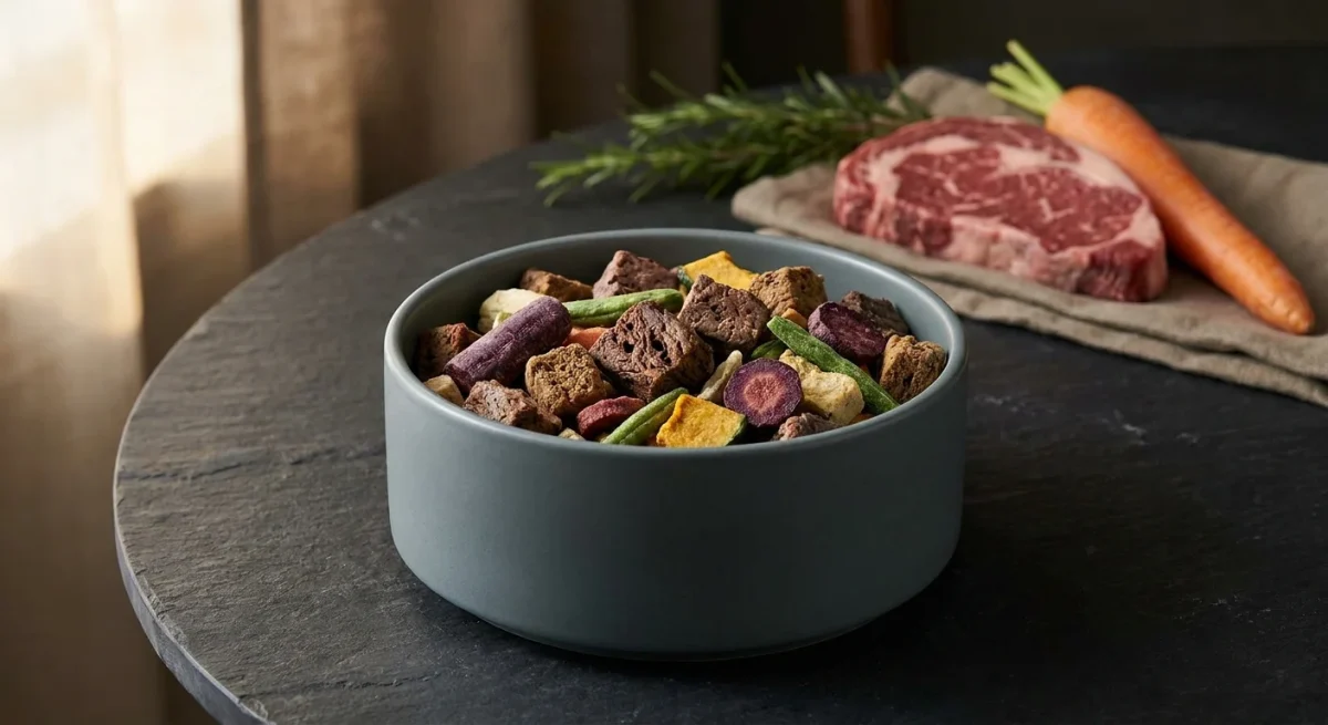 Bol ceramic cu hrană liofilizată pentru câini lângă ingrediente proaspete precum carne de vită și morcovi pe un blat de ardezie.