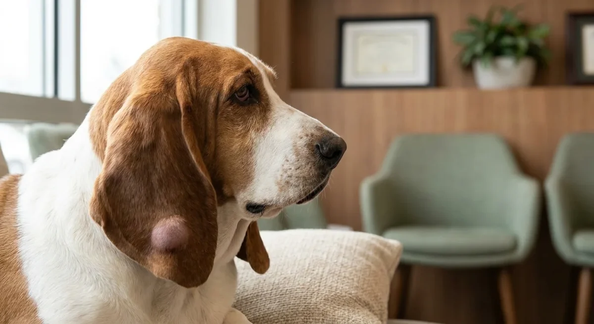 Câine Basset Hound cu urechea umflată din cauza unui hematom auricular, ilustrând simptomele vizibile ale afecțiunii.