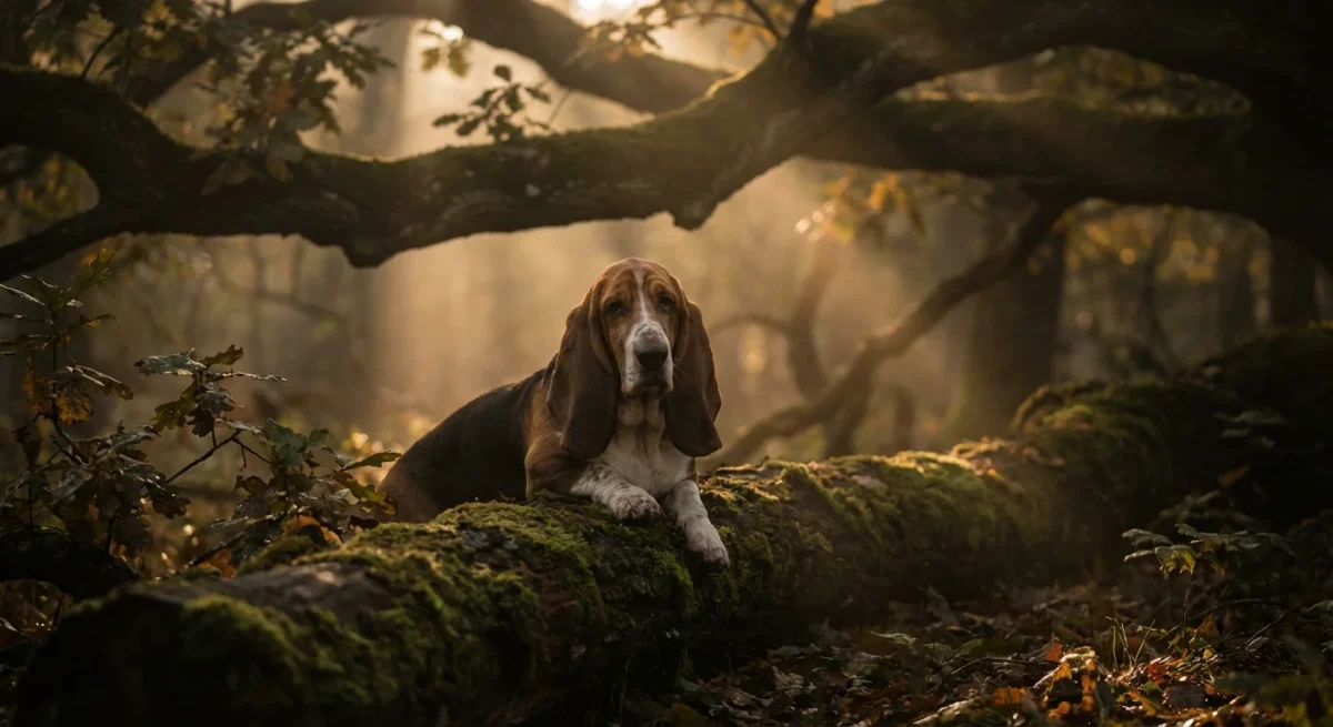 Câine Basset Hound nobil în pădure cu ceață, ilustrând trăsăturile istorice și urechile lungi ale rasei.