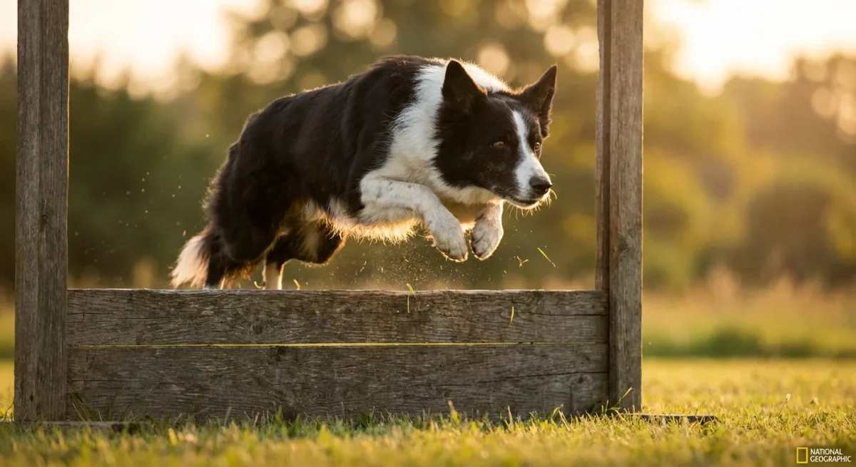 Câine Border Collie în plin salt peste un obstacol de agility, simbolizând performanța sportivă.