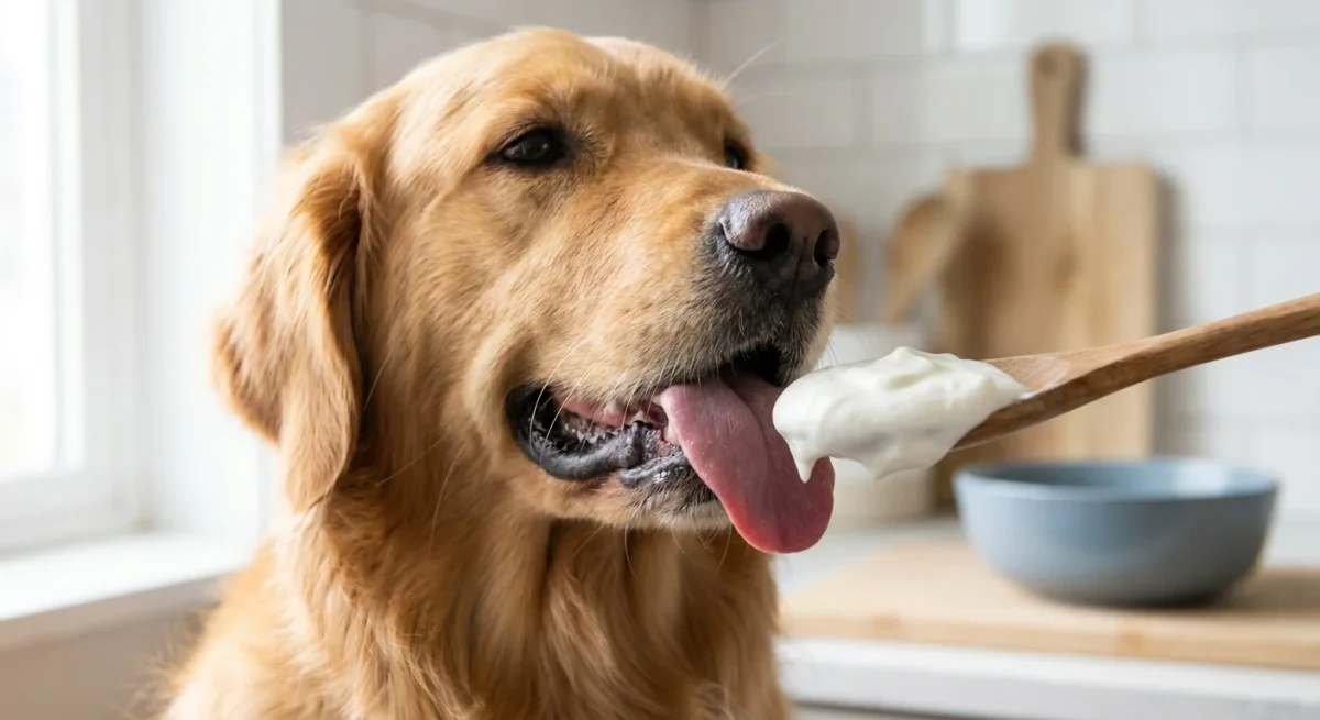 Câine Golden Retriever lingând iaurt grecesc dintr-o lingură de lemn într-o bucătărie luminoasă.