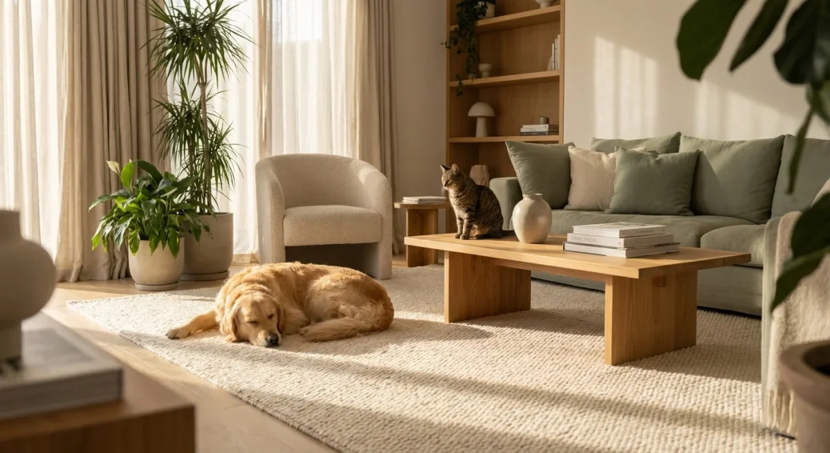 Câine și pisică relaxându-se într-un living modern și luminos cu accente din lemn.