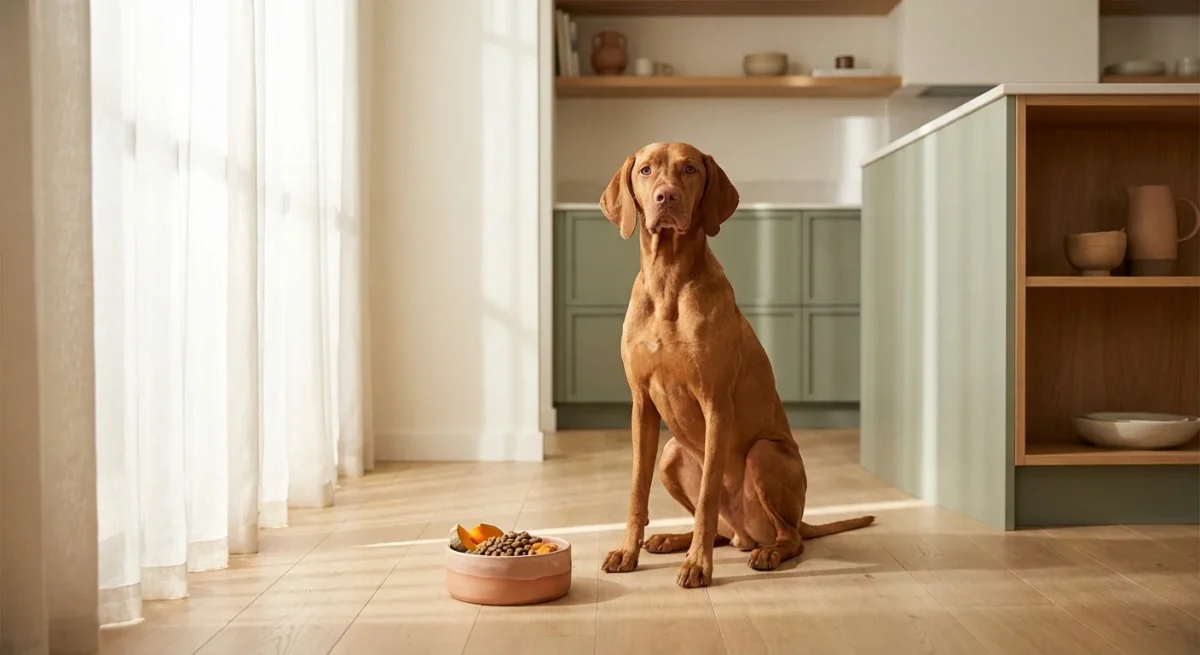 Câine Vizsla stând liniștit lângă un bol cu hrană sănătoasă într-o bucătărie modernă și luminoasă.