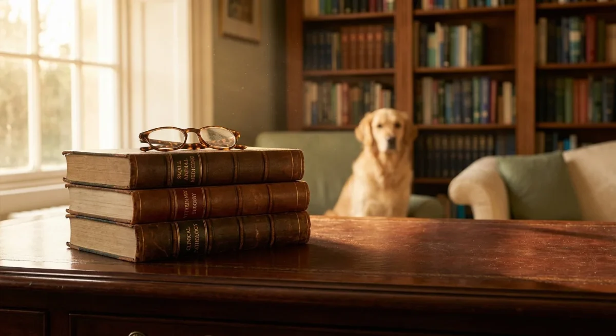 Cărți de specialitate despre reproducerea canină pe un birou de lemn, cu un câine Golden Retriever în fundal.