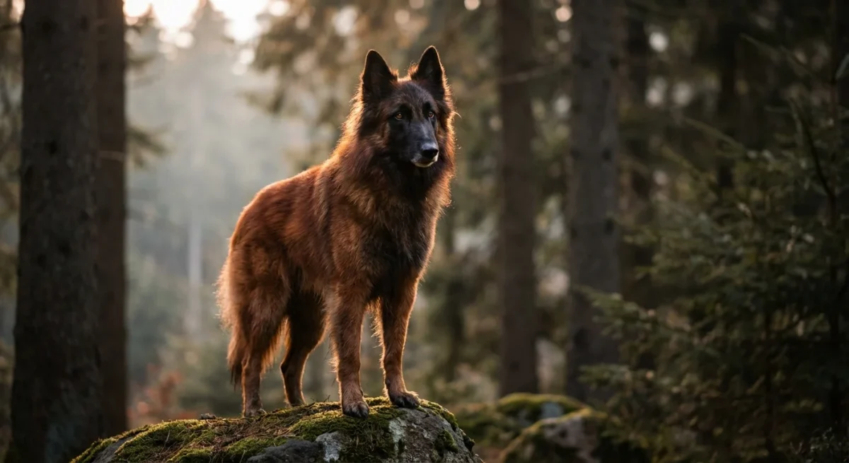 Ciobănesc Belgian Tervuren maiestuos stând pe o stâncă în pădure, cu blana lungă luminată de apus.