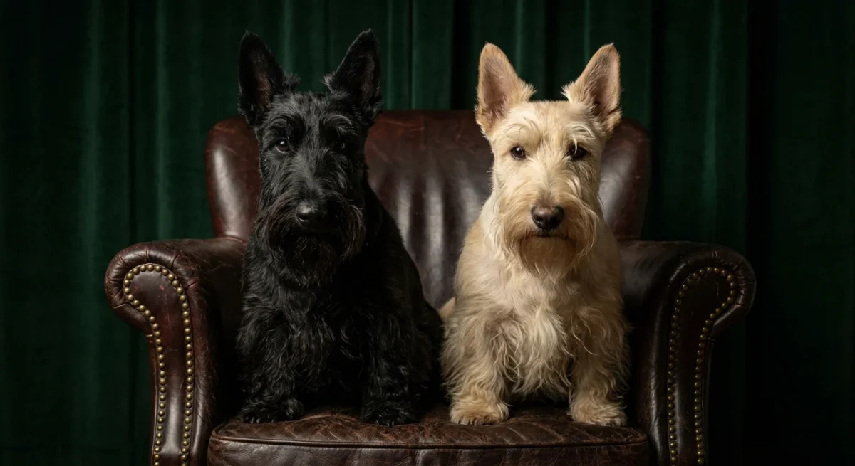Doi câini Scottish Terrier, unul negru și unul de culoarea grâului, stând pe un fotoliu vintage din piele.