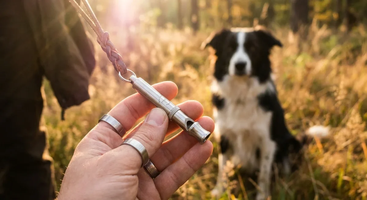 Mână de dresor ținând un fluier argintiu pentru câini, cu un Border Collie concentrat în plan secund pe o pajiște.